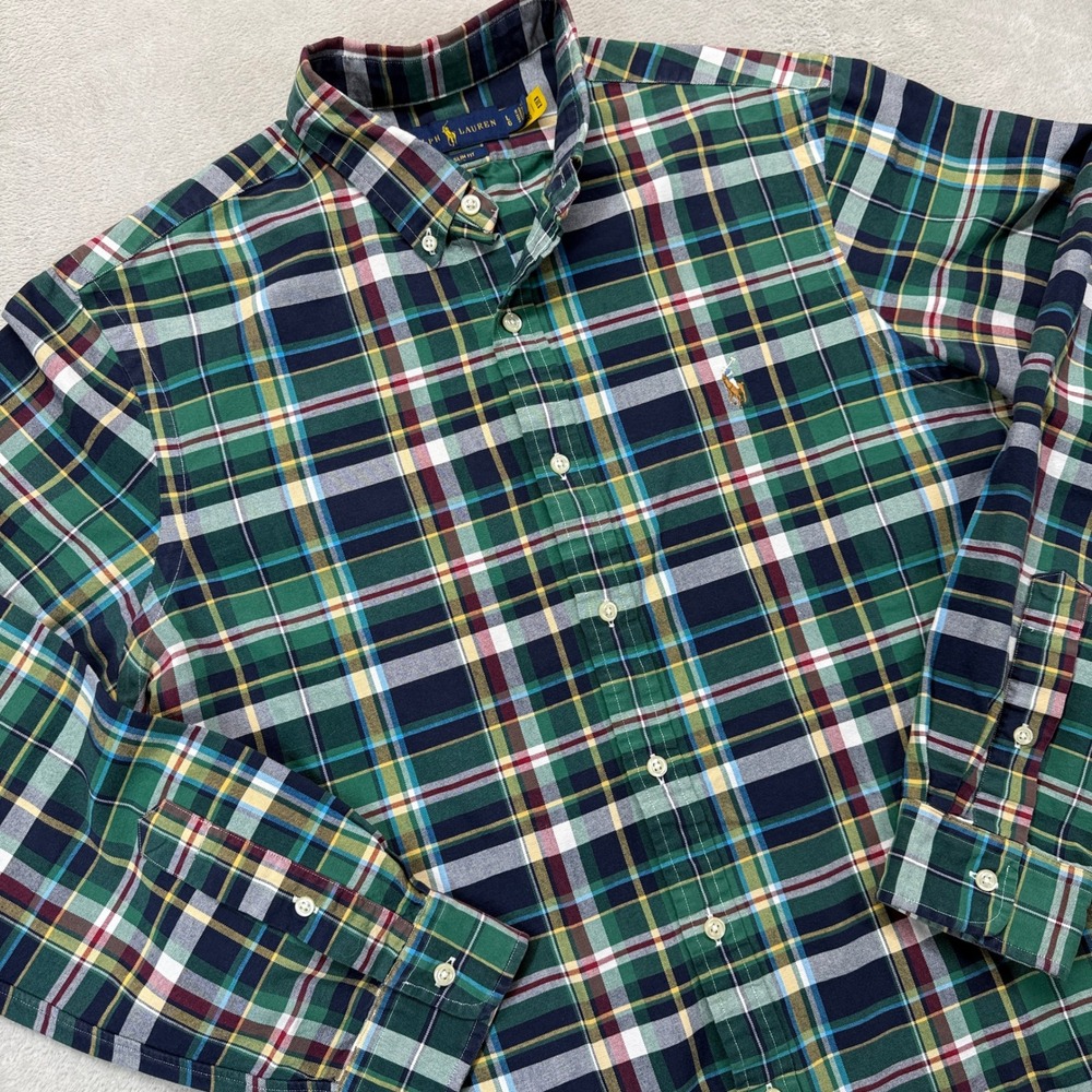 Ralph Lauren Shirt Men Large Green Plaid Button Down Slim Fit Long Sleeve Preppy